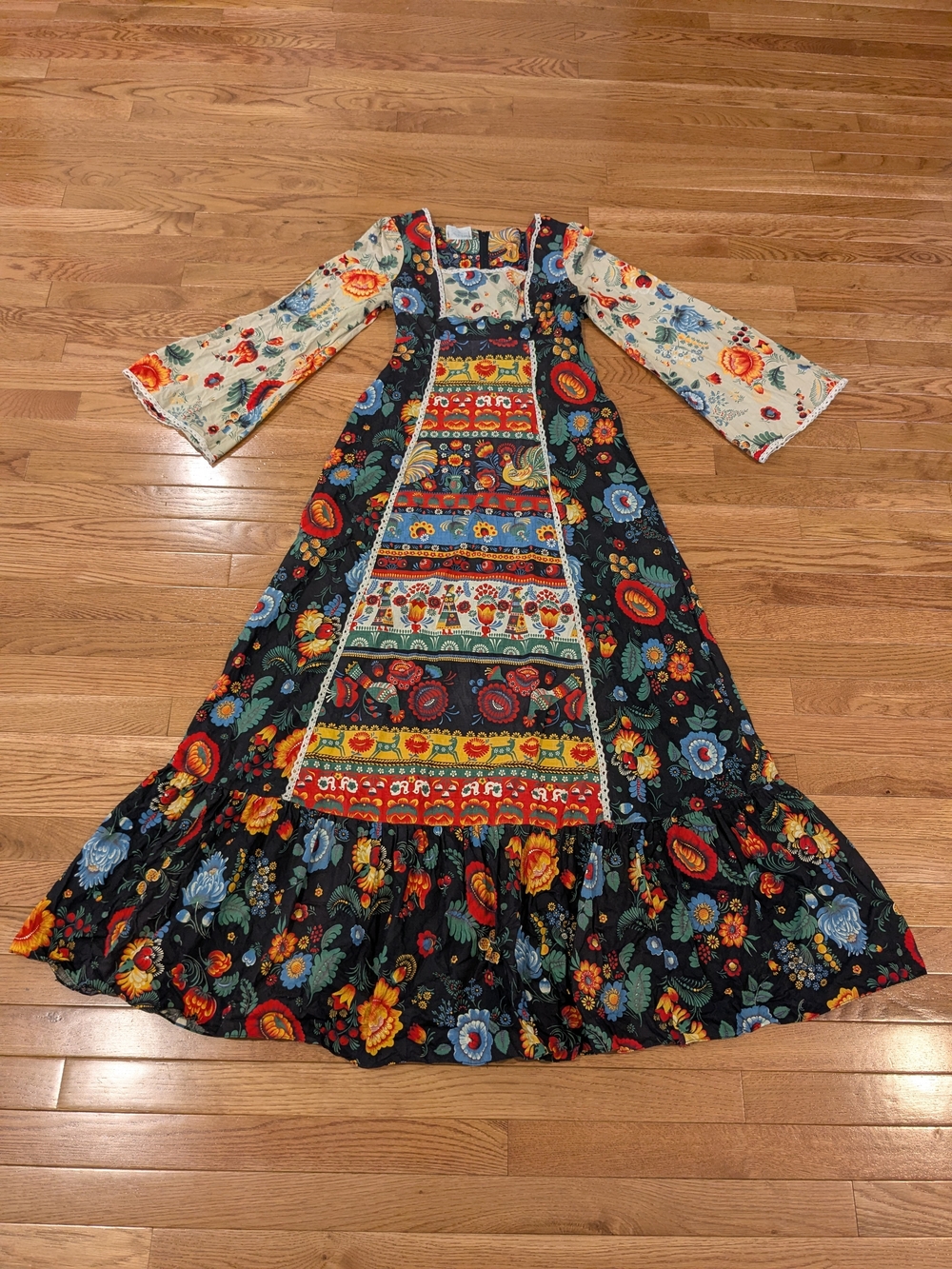 Terri Juniors California Vintage Floral Patchwork Maxi Dress With Bell Sleeves